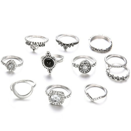 10 Gemstone - KABOER 10 Pcs\/Set Bohemian Retro Gem Crown Crystal Moon Heart Waves Geometric Silver Ring Set Women Party Jewelry Gifts