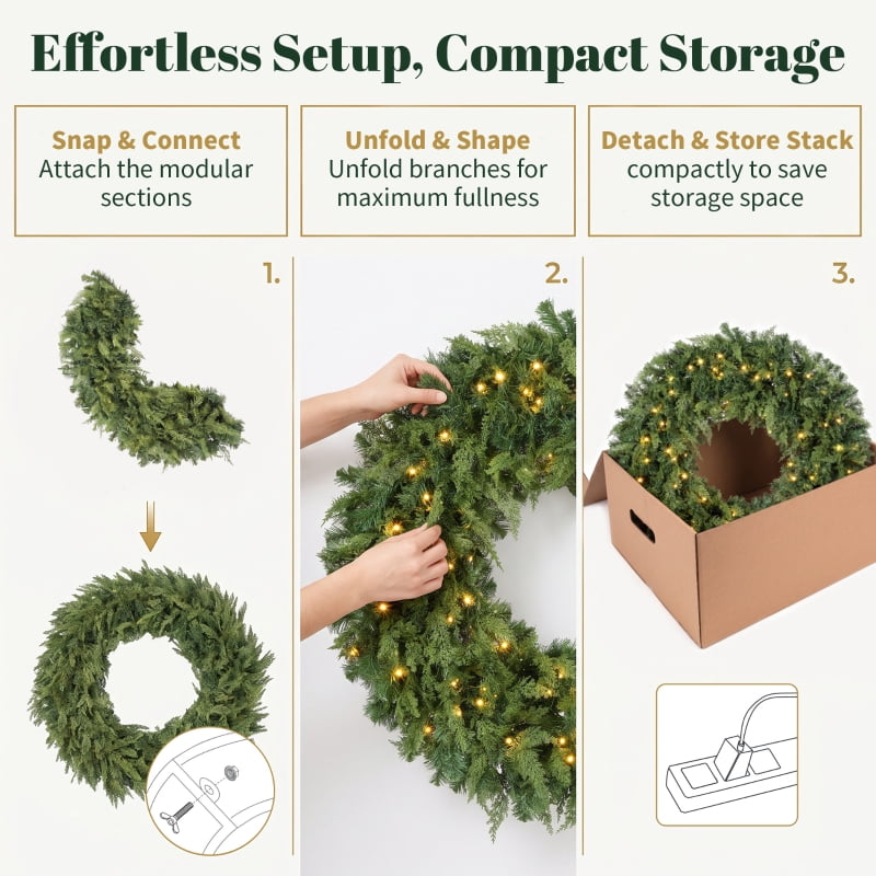Alvantor Christmas Wreath Pre-Lit Crestwood Spruce with 100 LEDs & 8 Modes 36"x36"x6" Green