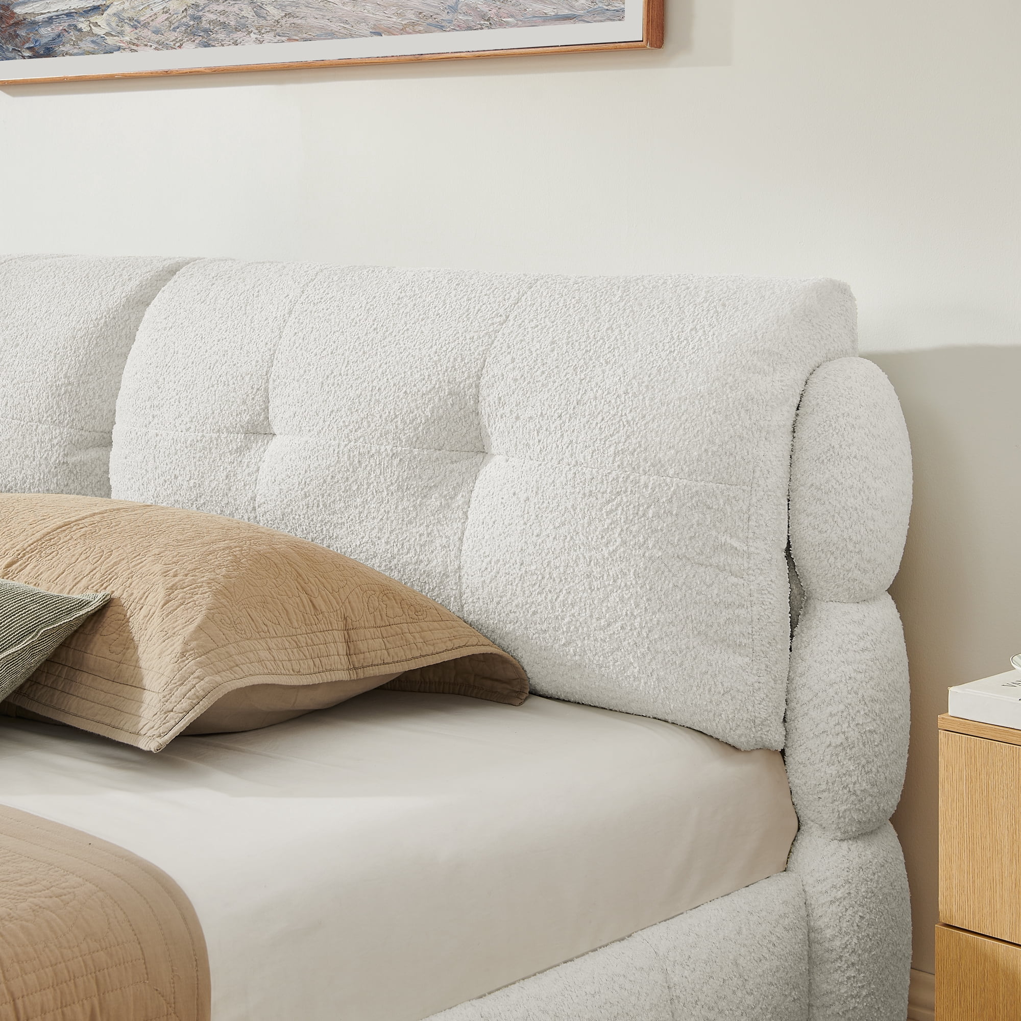 Queen Size Bouclé Fabric Platform Bed, Soft Cloud-Like Upholstered Frame, No Box Spring Needed