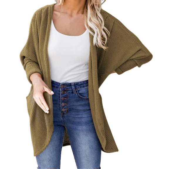 Long Cable Knitted Sweater Solid Color Cardigan Open Front Warm Pullover Pockets Round Neck Outwear Autumn Women Coat Fashion Loose Knitwear