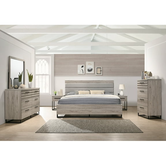 Roundhill Furniture Alvear Upholstered Wood 6-Piece Bedroom Set, Weathered Gray Finish, King Size