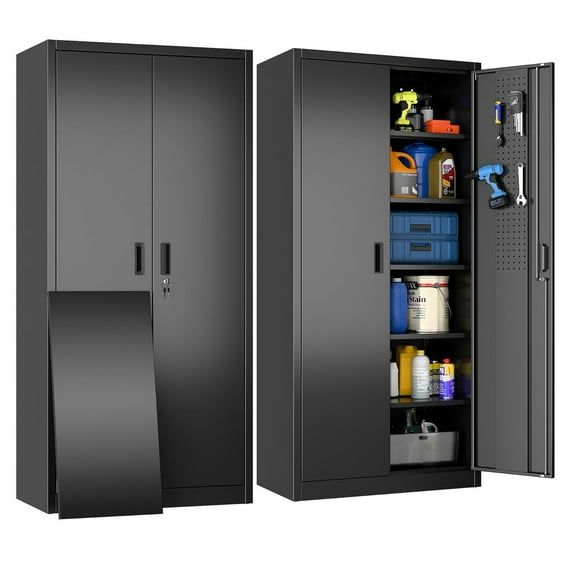 Lockable Steel Storage Cabinet with Pegboard, 5 Adjustable Shelves for Garage, Office, Kitchen, Black