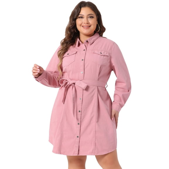 DARING DIVA Plus Size Long Sleeve Belted Above Knee Denim Shirt Dress 1X Pink