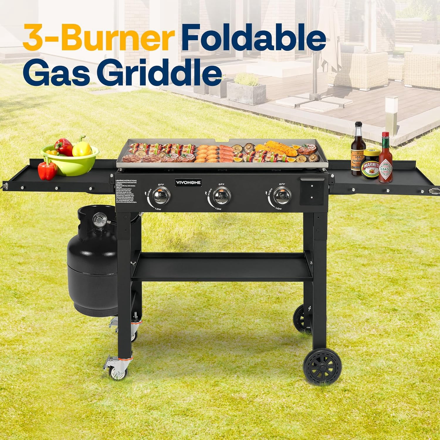 SPECSTAR 3-Burner 45,000 BTU Propane Gas Grill, Folding Flat Top Grill with Side Shelves, Picnics & Family BBQ, Heavy-Duty Rust-Resistant Griddle