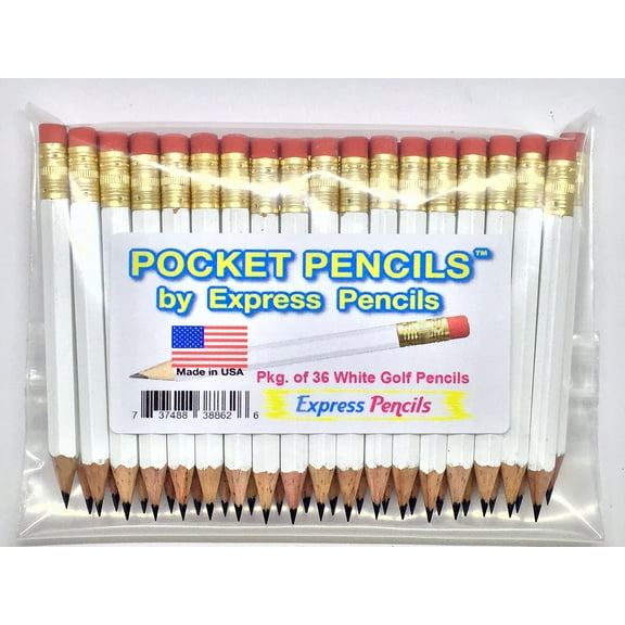 Half Pencils with Eraser - Golf, Classroom, Pew, Short, Mini, Small, Non Toxic - Hexagonal, Sharpened, 2 Pencil, Color - White, Pkg of 36 Pocket Pencils