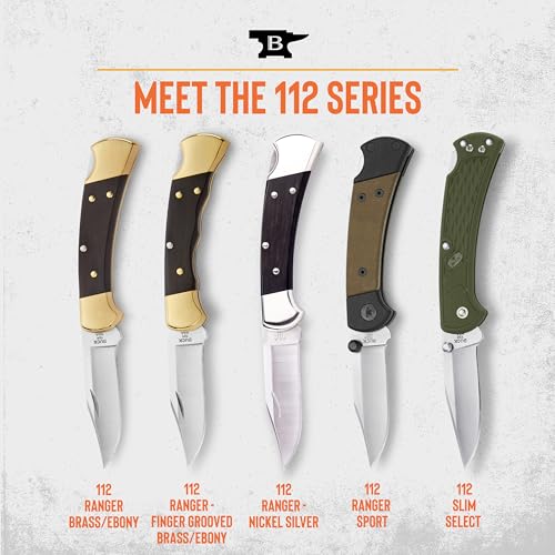 Buck Knives 112 Ranger Hunting Knife, 3" Folding Knife Blade, Ebony/Brass Handle, 5.6 oz