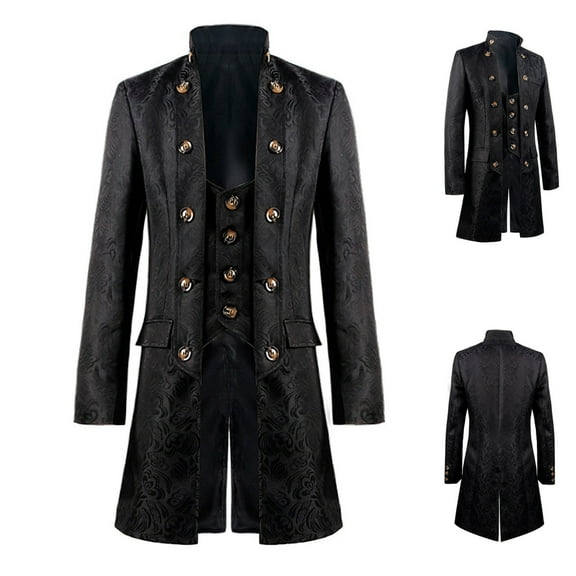 safuny Men's Medieval Long Sleeve Victorian Frock Coat Button Up Stand Collar Midi Cardigans Casual Retro Clothes Workout Fashion Gothic Jackets Costume Black L