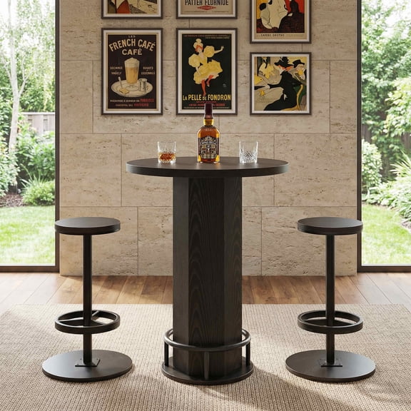 MAYEERTY Bistro Set with 2 Barstools, Round Pub Cocktail Table and Chairs, Modern Farmhouse Industrial Bar Height Dining Set for Small Space