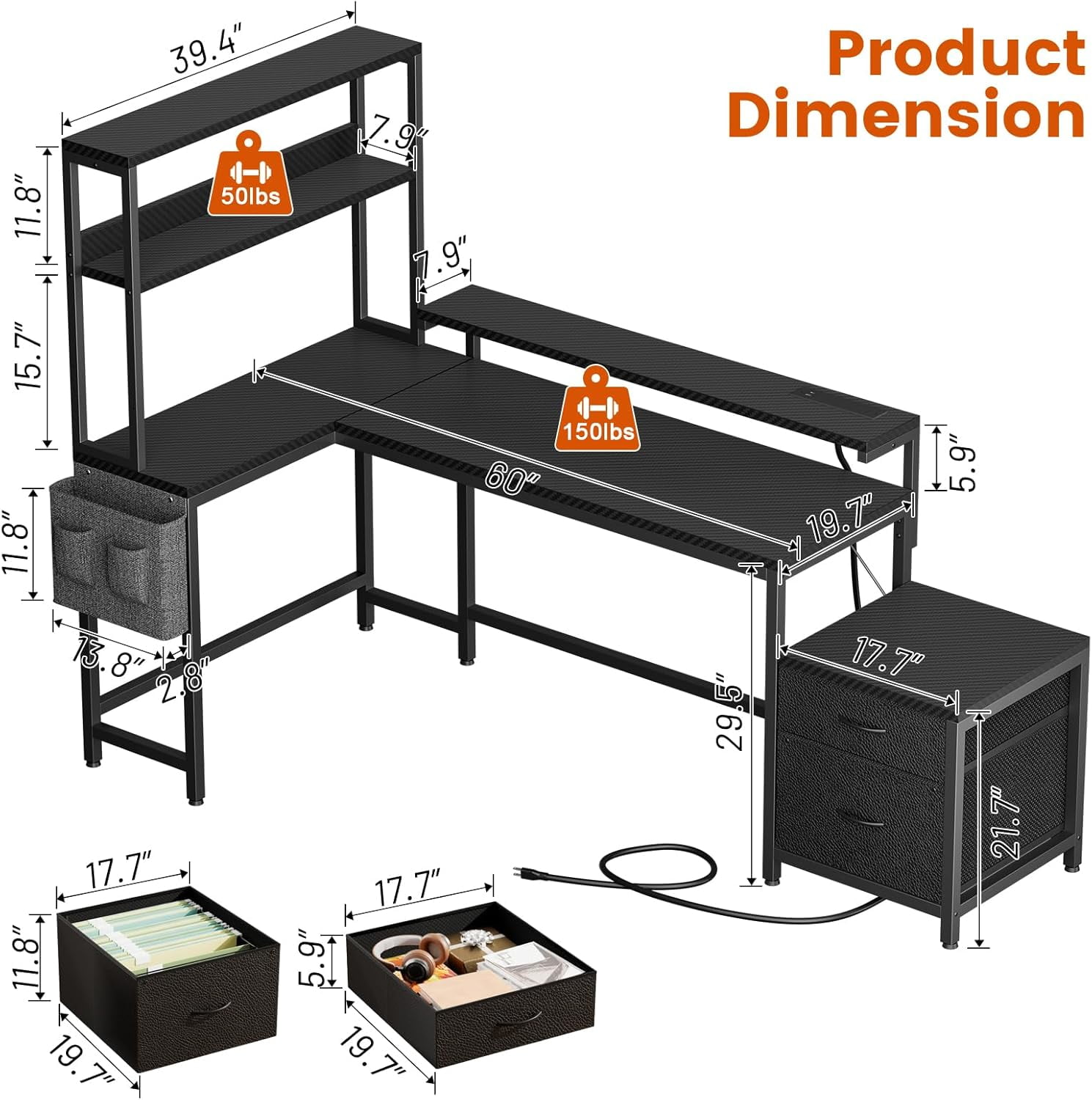 REAHOME 70 Inch L Shaped Desk with File Drawers and Reversible Storage Shelves, Computer Desk with Power Outlet & LED Strip, Home Office Desks, Writing Study Desk for Bedroom, Carbon Fiber Black