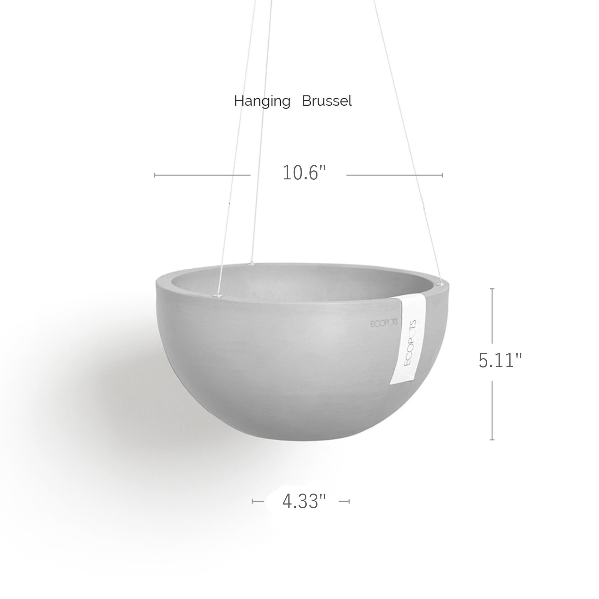 Ecopots Hanging Brussels Durable Modern Round Indoor/Outdoor Recycled Based Composite Flower Pot Planter, Slate Grey, 10.5"