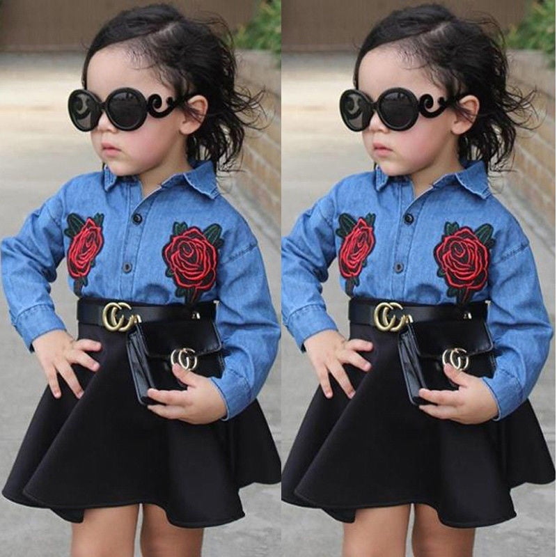 Cotton skirt Toddler Kids Baby Girls Outfits Floral Clothes Denim Shirt Tops 