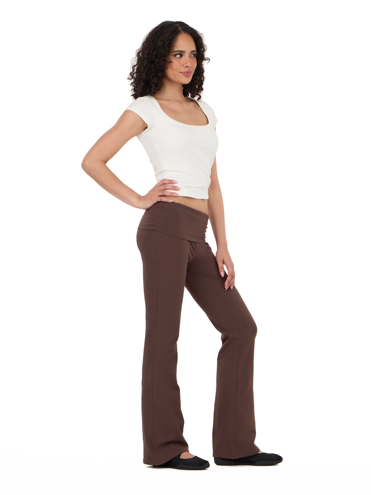 Forever 21 Women's Jersey Fold Over Waist Pants with Graphic Detail, Flare Leg Lounge Pants, Stretch Casual Everyday Comfort Style, Brown, XXS-4X