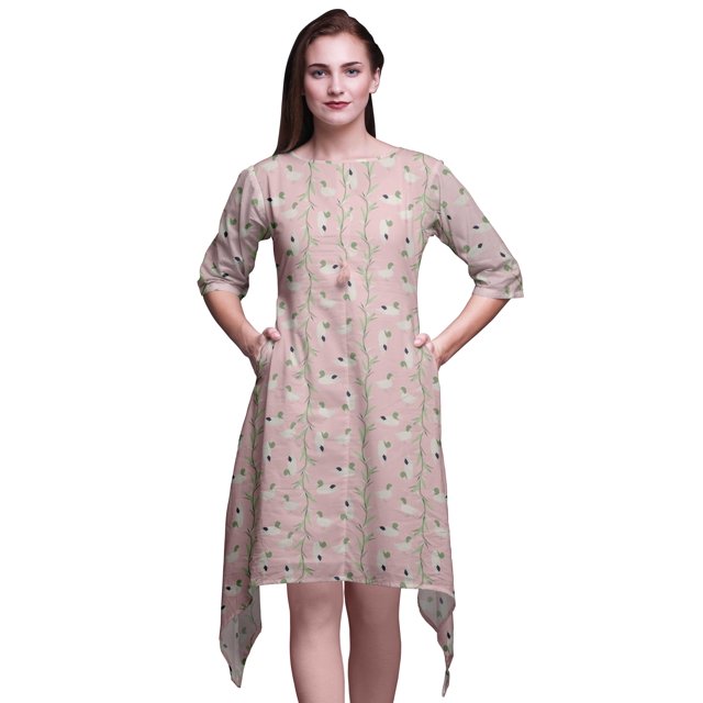 Bimba Kurti Asymétrique Imprimée de Feuilles Roses et de Canard Colvert pour Femmes, Robe Tunique d'Été Indienne, XX-Grand