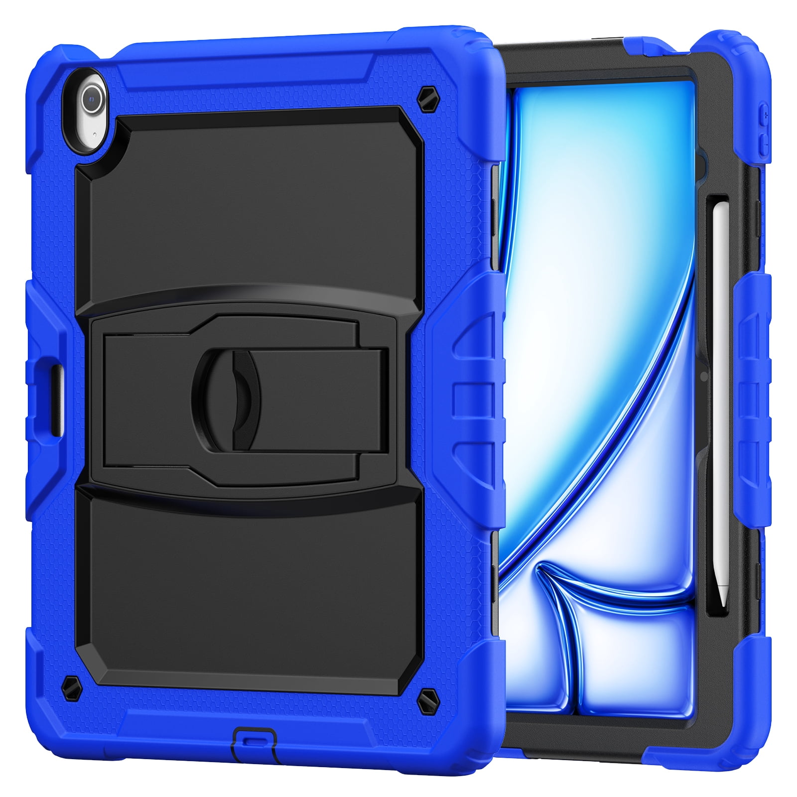 Rugged Case For Apple iPad Air 13 (2024) – 3-Layer Protection Shockproof Stand Cover with Screen Protector, Adjustable Stand, Shoulder Strap, & Pencil Holder -- Darkblue