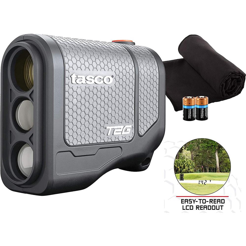 Tasco Tee-2-Green Golf Laser Rangefinder Bundle | +PlayBetter Microfiber Cleaning Towel (Black) & Extra CR2 Lithium Battery