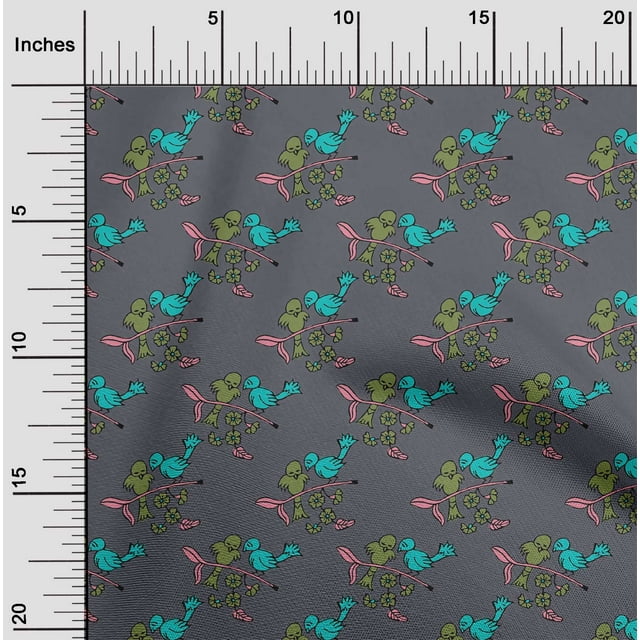 oneOone Silk Tabby Fabric Leaves|Bird & Floral Block Printed Fabric 1 Yard 42 Inch Wide
