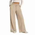 thumbnail image 2 of Pantalones Deportivos de Pierna para Mujer, Holgados, con Cordón Elástico, de Cintura Alta, Estilo Palazzo. Caqui M, 2 of 5