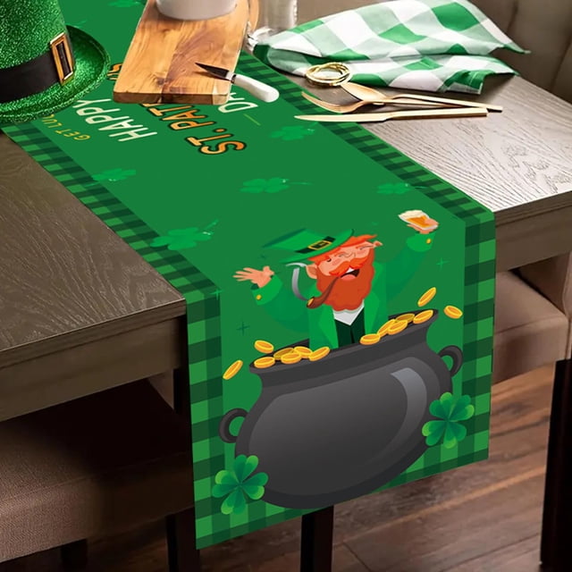 TIMIFIS Tables Cover, St. Patrick's Day Irish Vinyl Flannel Tablecloth for Dining Room Kitchen Table Decor St. Pat's Clovers Green Home Decor