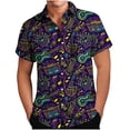 thumbnail image 2 of Kctiaxy Mens T-Shirts Mardi Gras Button Down Short Sleeve Shirts Casual Vintage Print Elastic Lapel Collor Cardigan Top Summer Vacation Beach, 2 of 6