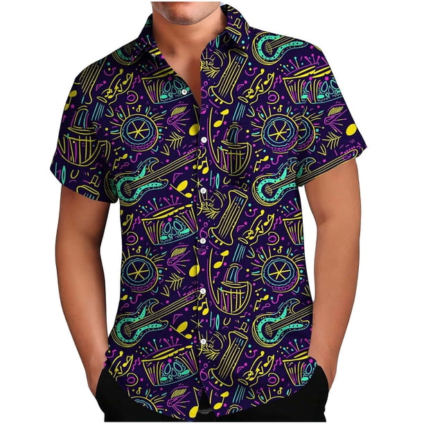 Mens Casual Botón Arriba Camisas Manga Corta Cuello Cubano Vintage Impresión Estilo 1950S Tela Elástica de Cuatro Lados para la Fiesta de Vacaciones en la Playa