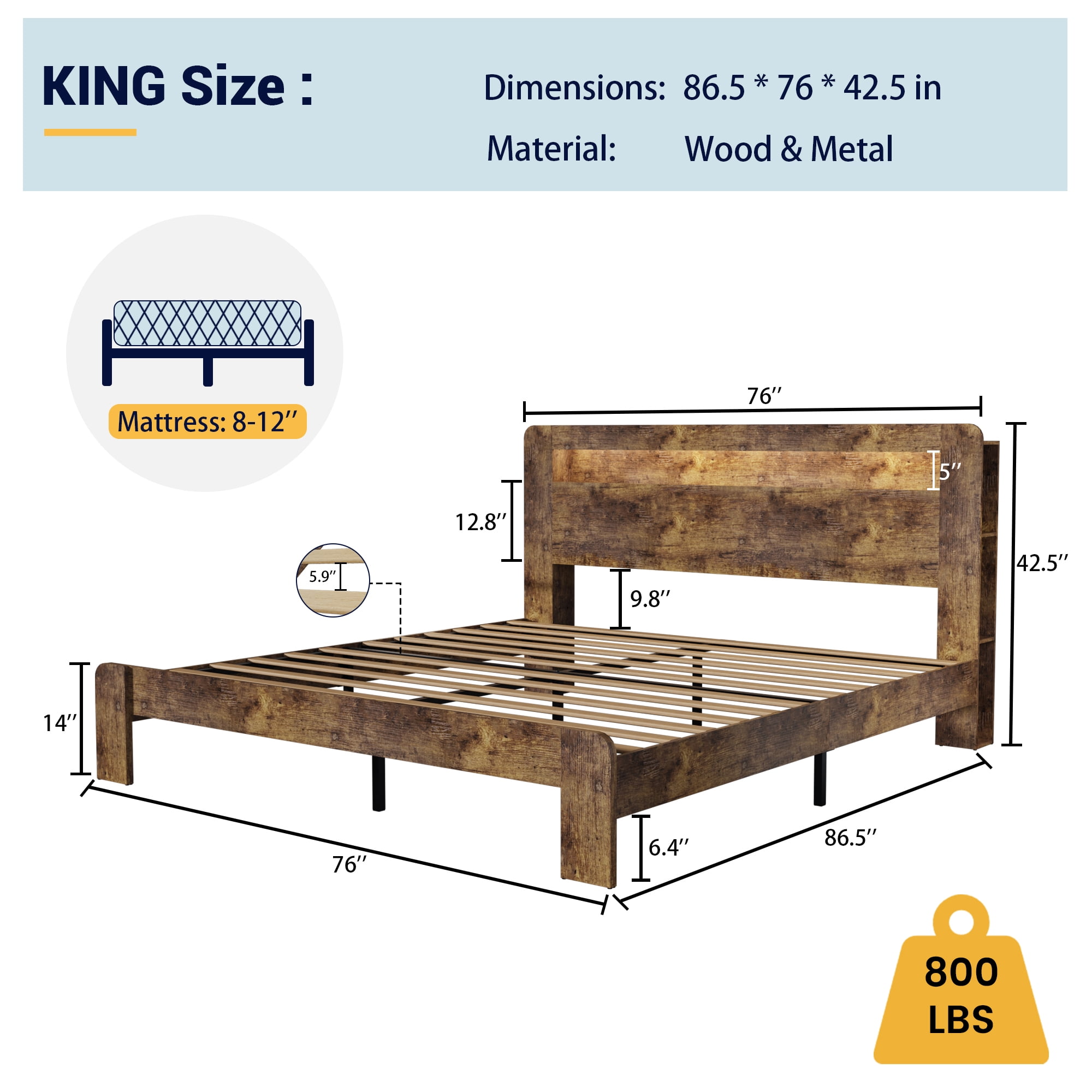 Wooden King Bed Frame with Storage Headboard, Modern Rustic Farmhouse Platform Bed with Charging Station, LED Light, No Box Spring Needed, Noise Free, Easy Assembly, Vintage Brown