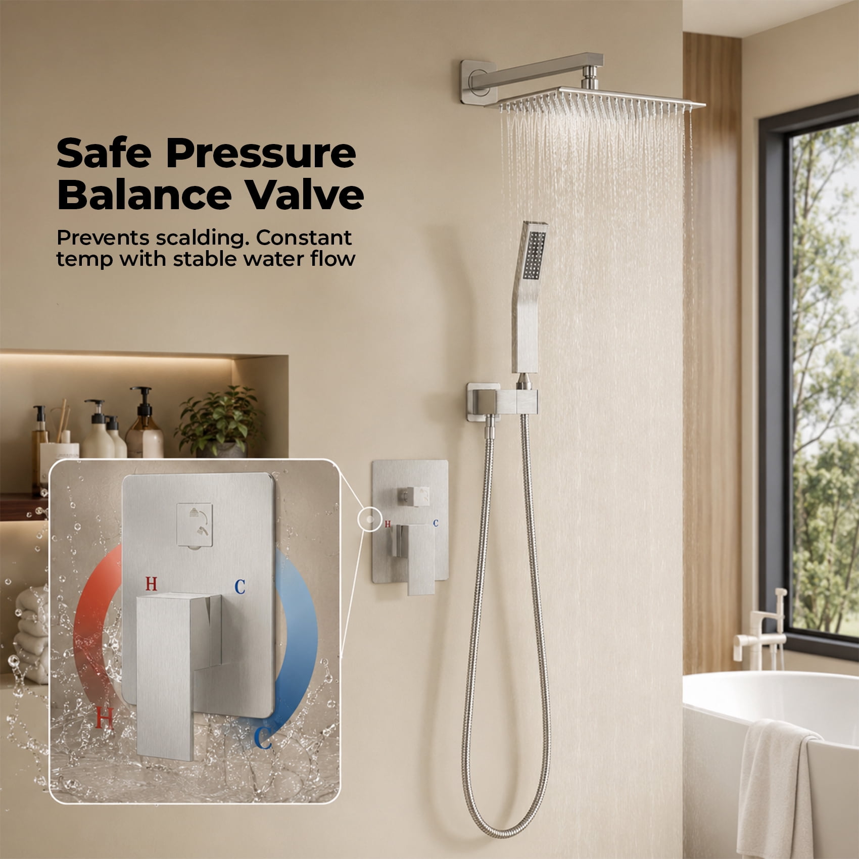Alvantor Wall-Mounted Shower Faucet Set, 10/12 Inch Square Overhead Spray and Handheld Shower Head with Pressure Balance and Temperature Control Valve