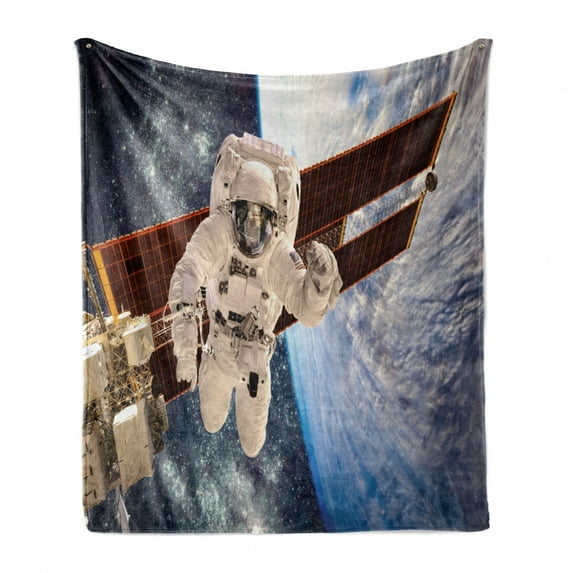Outer Space Soft Flannel Fleece Blanket, International Station Global Communication Orbiting over the Earth Rocket Photo, Cozy Plush for Indoor and Outdoor Use, 50" x 60", Multicolor, by Ambesonne