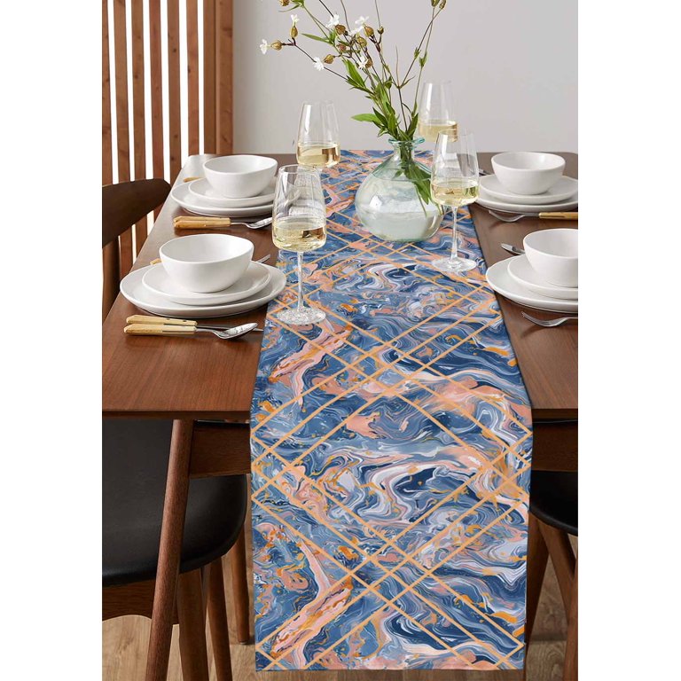 modern dresser scarf Table Runner Dresser Scarves 48 Inch Long,Abstract Blue Pink Marble Stone Linen Dining Table Runners Modern Liquid Texture Stripe Art Tabletop Scarf