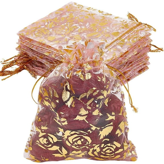 100Pcs Rose Printed Organza Bags Wedding Favour Bags Gift Bags Rectangle Pearl Pink 12x10cm