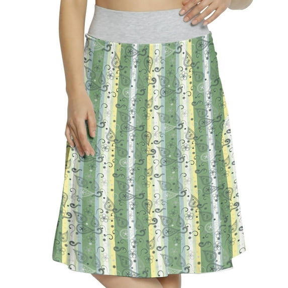 Women's Striped Paisley Leaves with Flower A-line Printed Skirt Casual Wear, M, Green Yellow, by Ambesonne
