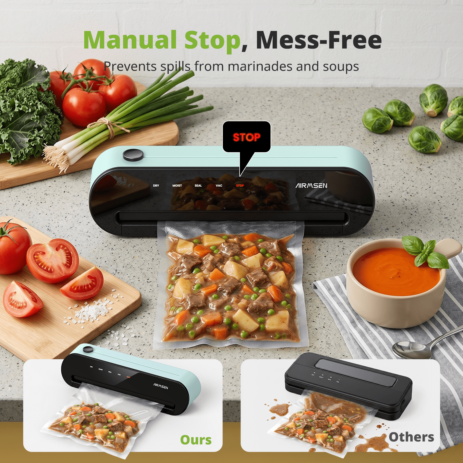 AIRMSEN Fully Automatic Vacuum Sealer Machine, 5-In-1 Food Sealer with External Accessory, Cutter, Pulse Vac, Manual Stop, Includes 1 Roll + 5 Vacuum Bags