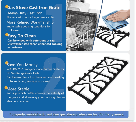 WB31X27151 WB31X24736 Stove Grate Replacement for GE Grate Cooktop Grids Gas Cooktop Grids GE Side Surface Oven Grids GE Cast Iron Stove Top Cooking Grids Parts Replacement 1 pc.