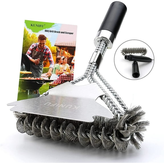KUNIFU 3 in1 Grill and BBQ Scraper Bristle Free and Wire Cleaning Brush, 18 in