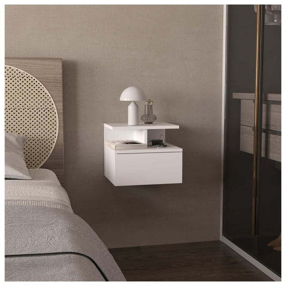 White Floating Nightstand with Drawer & Shelf - Wall Mounted Bedside Table - Small Bedroom Storage - Modern Minimalist Design - 11.6"H x 14"W x 13.2"D White