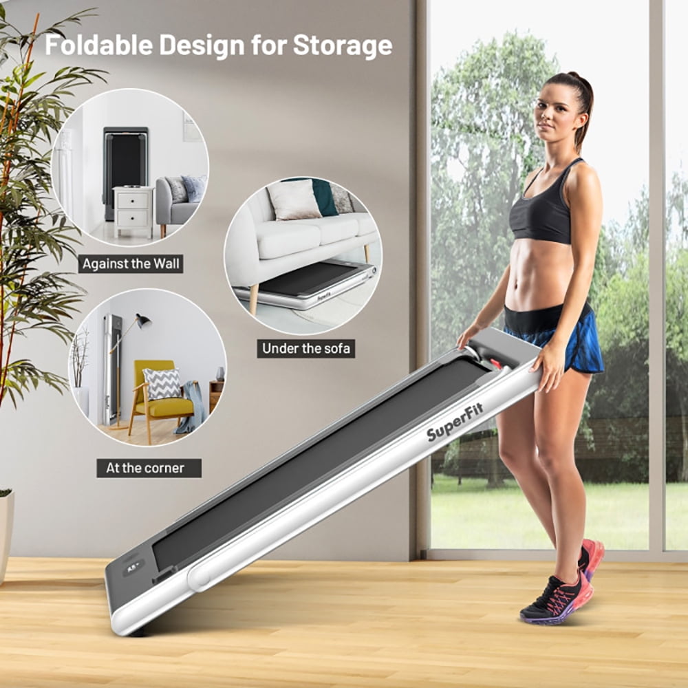 Topcobe 2-in-1 Electric Motorized Health and Fitness Folding Treadmill with Dual Display and Speaker, Under Desk Walking Pad Treadmill, Walking Pad with Handle Bar, White
