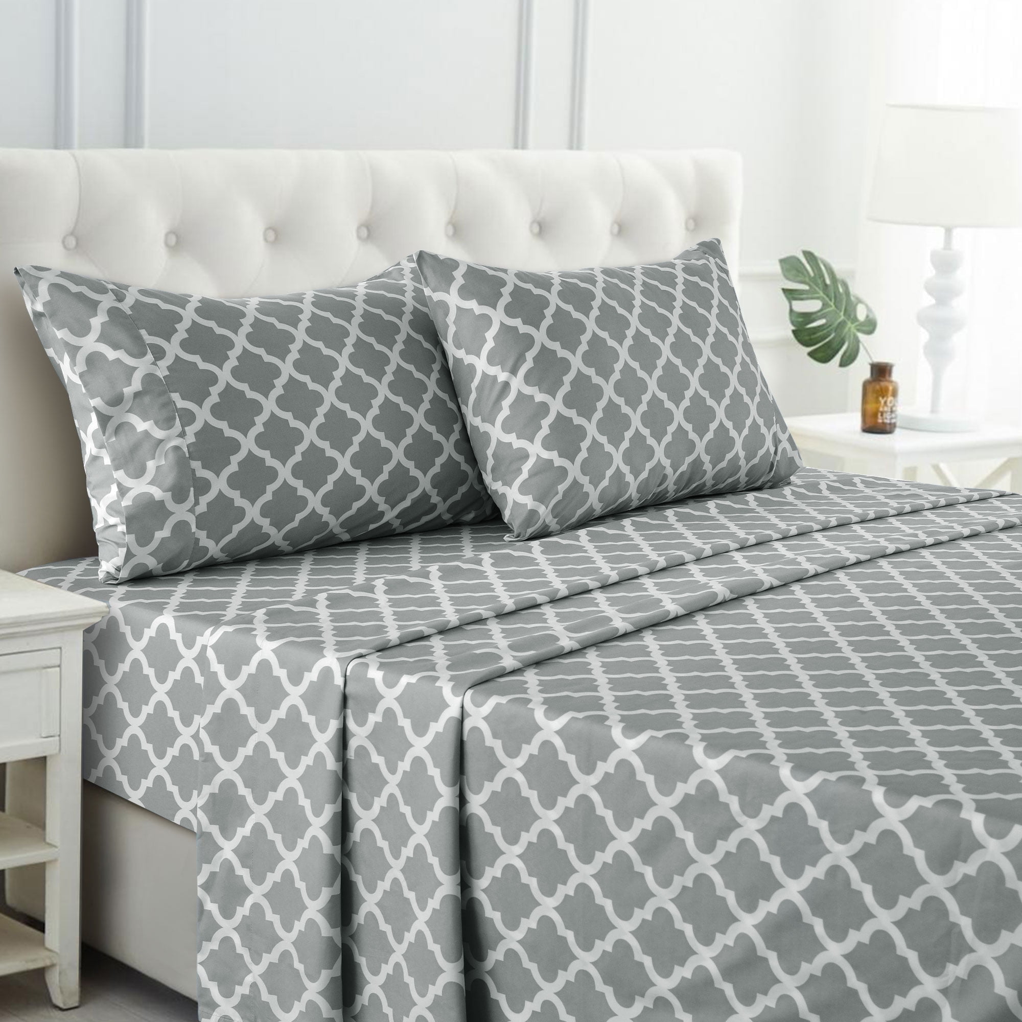 Home Collection Deals Lux Decor Full Bed Sheets Set 4 Piece - Quatrefoil Pattern, Ultra Soft Sheet Deep Pocket Fit, Wrinkle Free, Breathable & Fade Resistant OEKO-TEX Certified, Grey