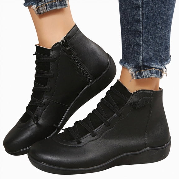Joykidd Women's Flat Ankle Boots Faux Leather Low Heel Lace-Up Short Booties with Side Zipper for Casual Outings Daily Work