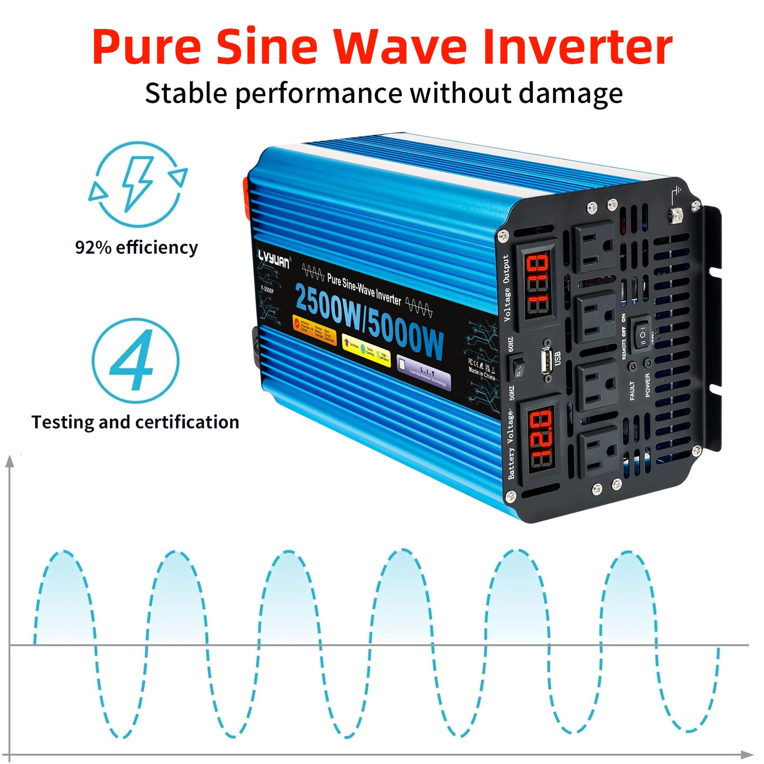 LVYUAN 2500W 5000W Peak Pure Sine Wave Power Inverter 12V DC to 110V AC Converter, 60Hz/50Hz, 4 AC Outlets + USB, LED Display, Remote Control for Car, RV, Camping & Home Backup