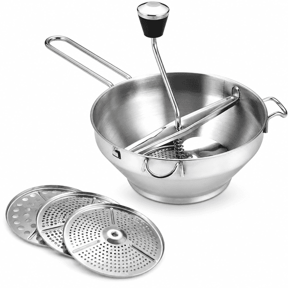 Stainless Steel Rotary Food Mill with 3 Grinding Discs, Coarse, Medium & Fine, Dual Hook Design, Dishwasher Safe, for Tomato Sauce, Puree & Mashed Potatoes