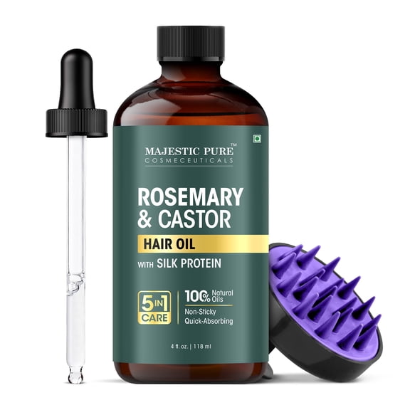 Majestic Pure 100% Pure Rosemary & Castor Oil with Biotin for Hair Care, Strengthening, Nourishing, and Volumizing Formula with Jojoba Oil and Castor Oil - Non GMO Verified, 4 Fl Oz