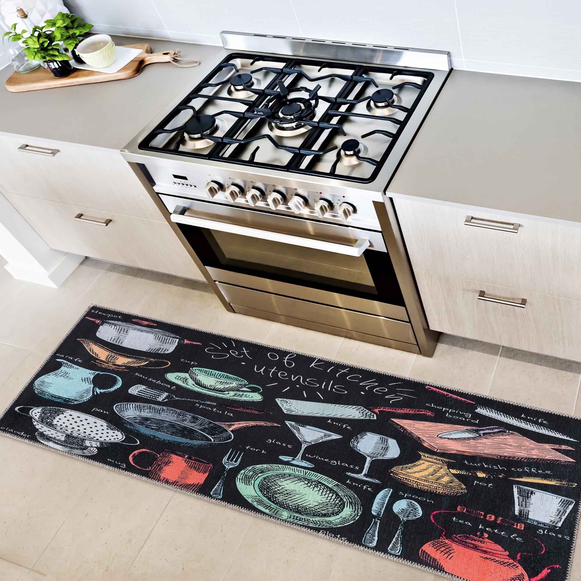 Ottomanson Machine Washable Utensils 2x5 Flatweave Cotton Kitchen Runner Rug, 20" x 59", Black/Multicolor
