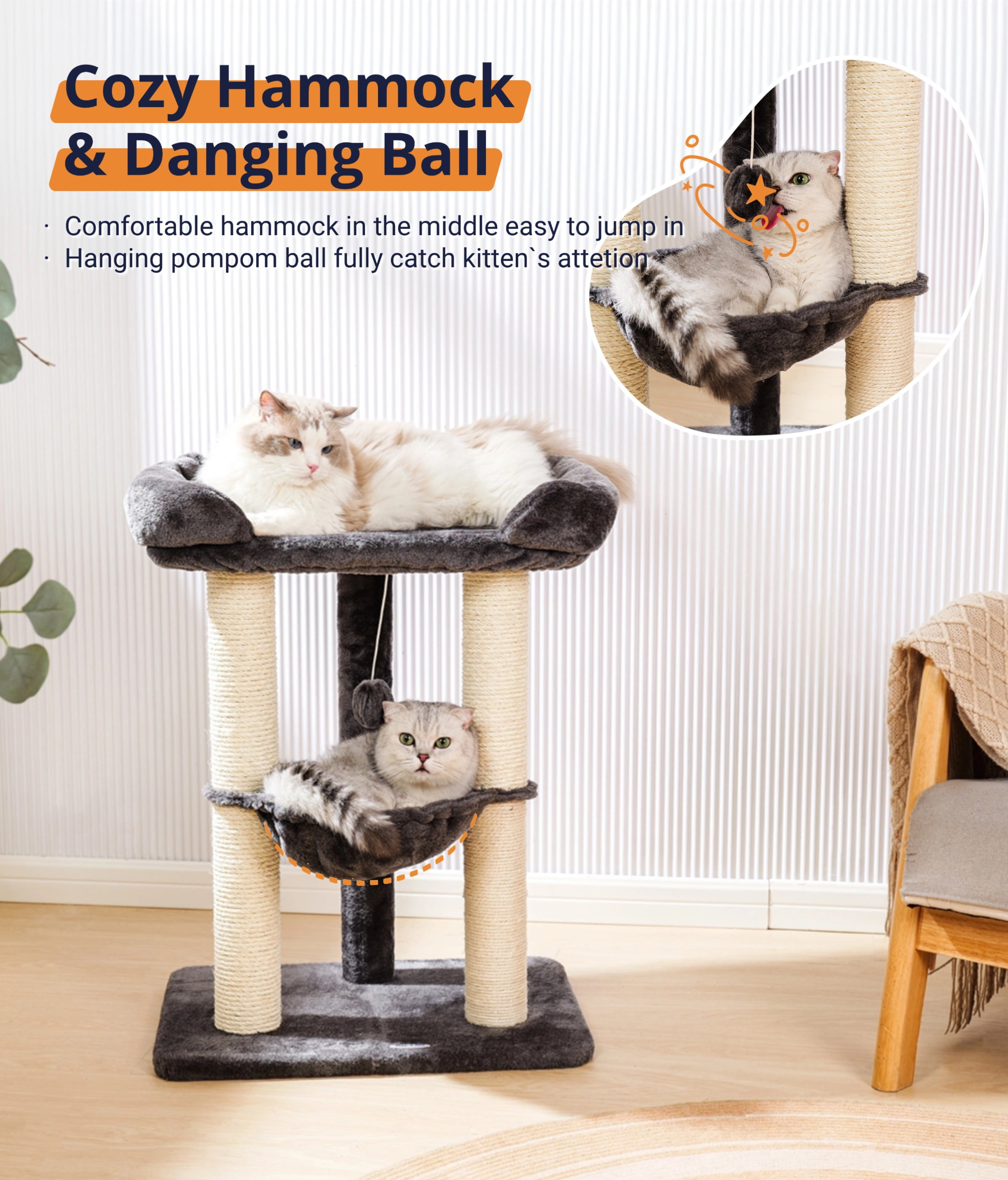 Happi N Pets 28" Cat Tree Tower, Tall Cat Scratching Post with Perch for Window Viewing, Large Bed for Big Cats, Cat Tower with Hammock, Removable Cover-Gray
