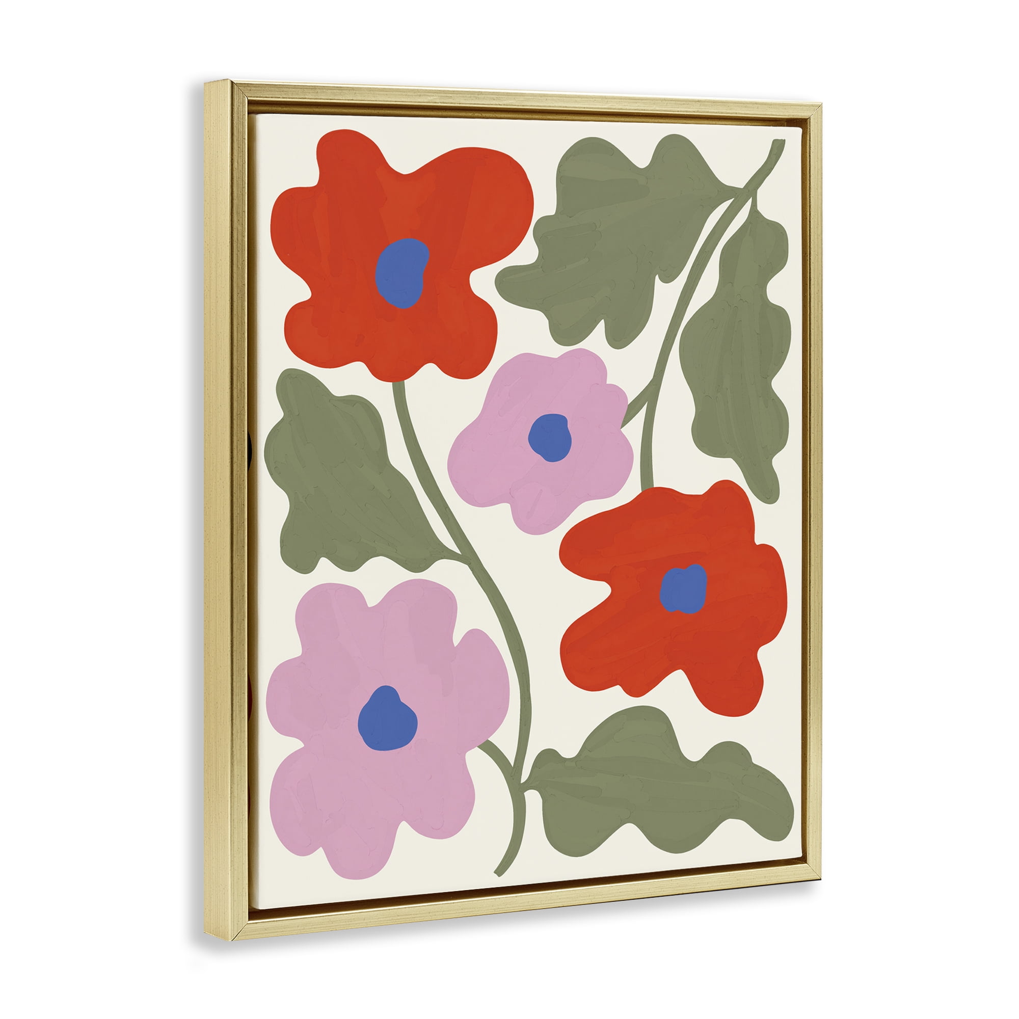 Stupell Industries Red & Pink Bold Flowers Plants & Flowers Painting Gold Floater Framed Canvas Art Print Wall Art, 17 x 21