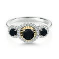 thumbnail image 2 of Gem Stone King 0.63 Ct Round Black Onyx 925 Silver and 10K Yellow Gold 3 Stone Women's Lab Grown Diamond Ring (Size 7), 2 of 3