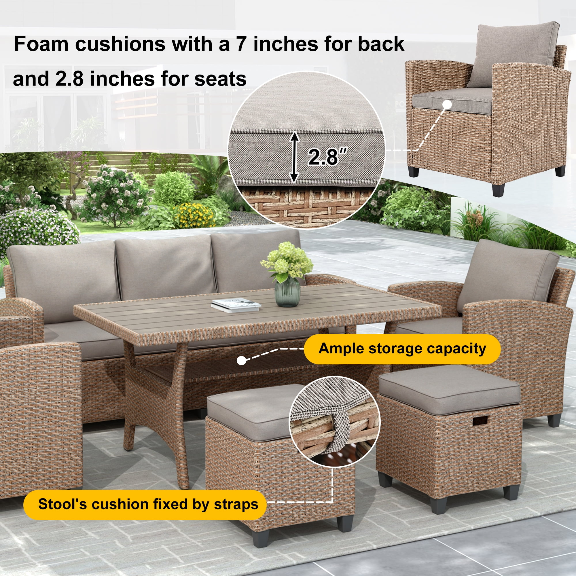 Harper & Bright Designs 6 Pieces Wicker Outdoor Patio Furniture Set with 3-Seater Sofa, 2 Armchairs, Coffee Table & Stools, All-Weather Rattan Conversation Lounge Set for Backyard Garden, Natural