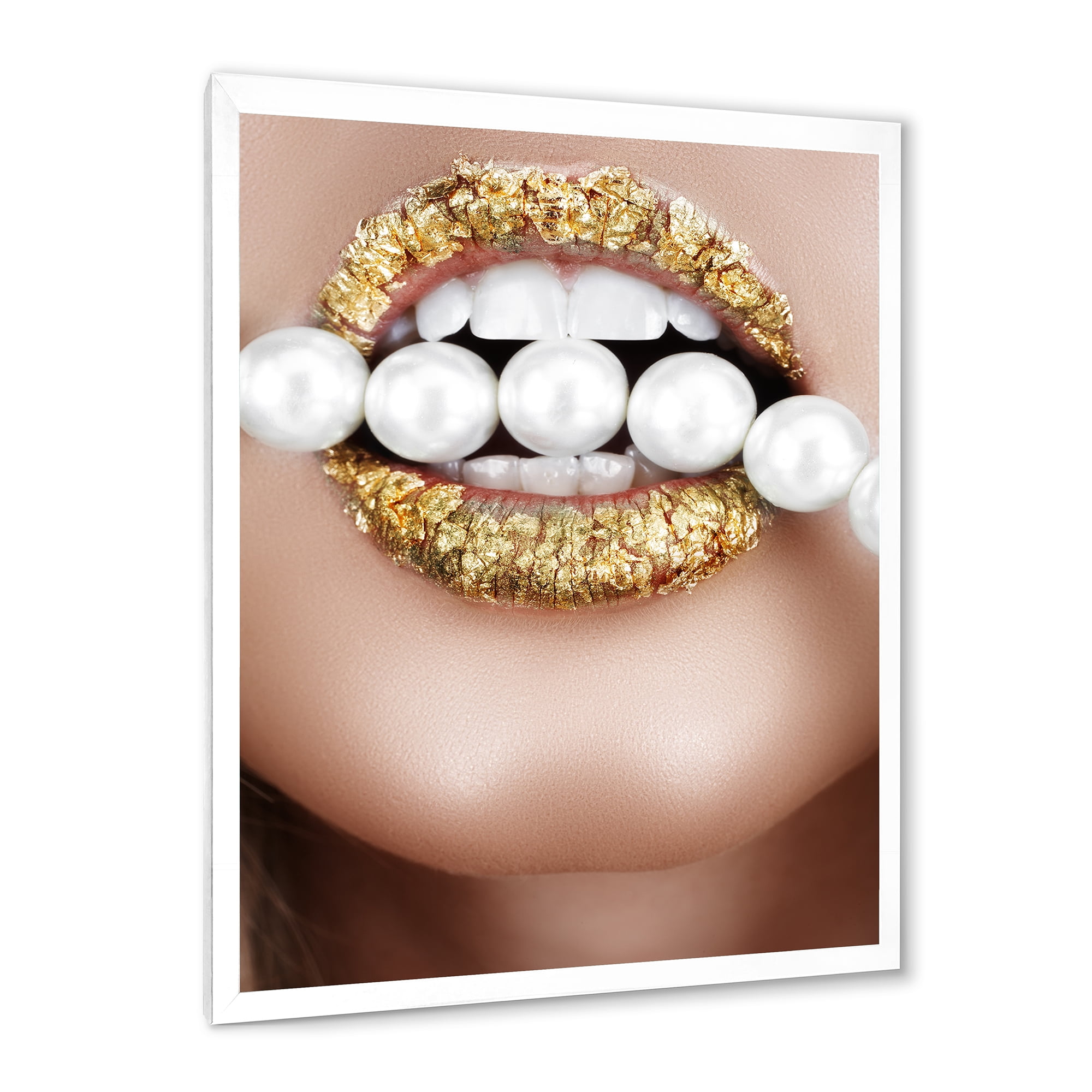 Designart 'Gold Leaf Lips Mouth With Pearls' Modern Framed Art Print