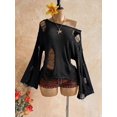 thumbnail image 3 of Women Off Shoulder Distressed Long Sleeve Top Hollow Fringe Casual Night Out Outfit, 3 of 9