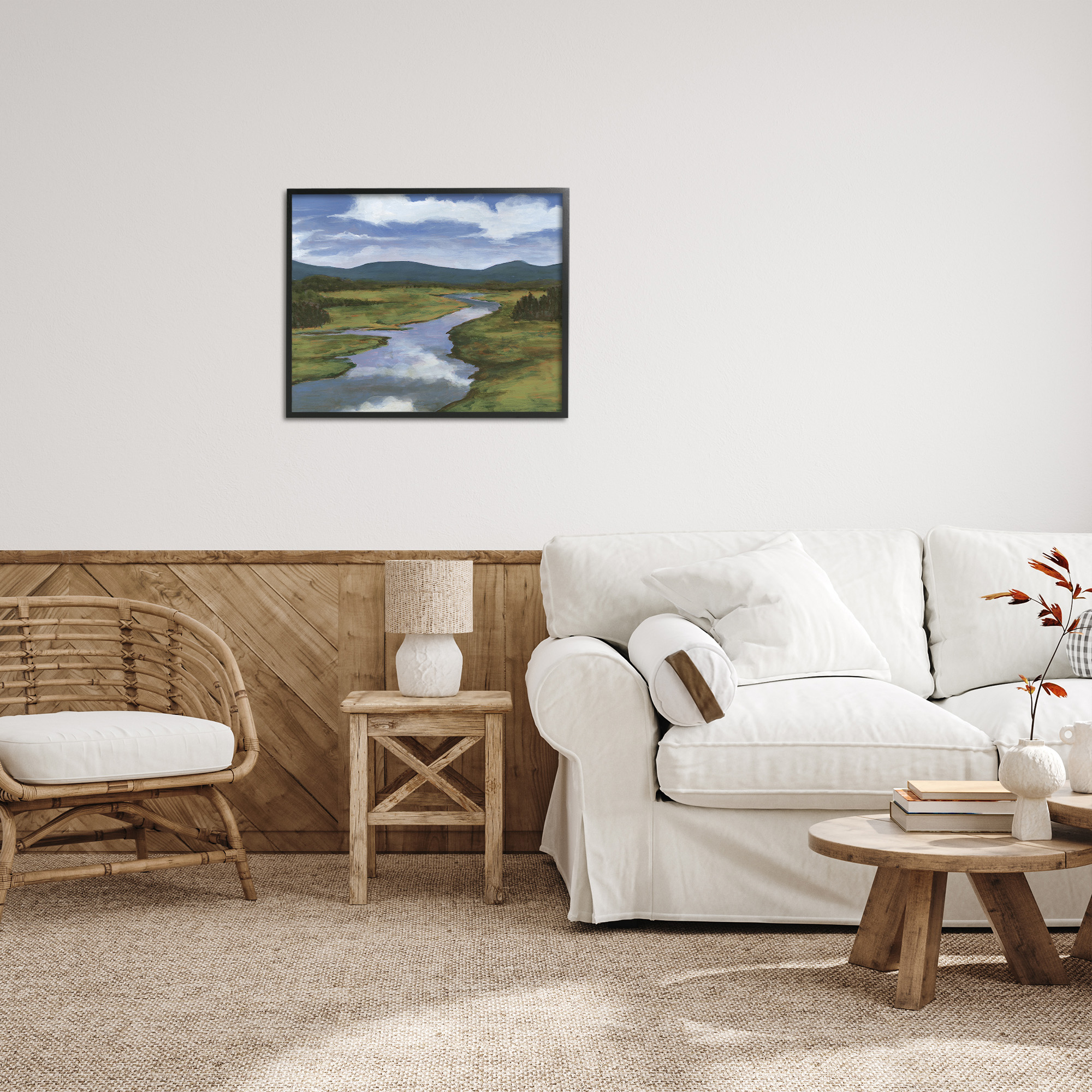 Stupell Industries River with Cloud Reflection Landscape Painting Black Framed Art Print Wall Art, 30 x 24