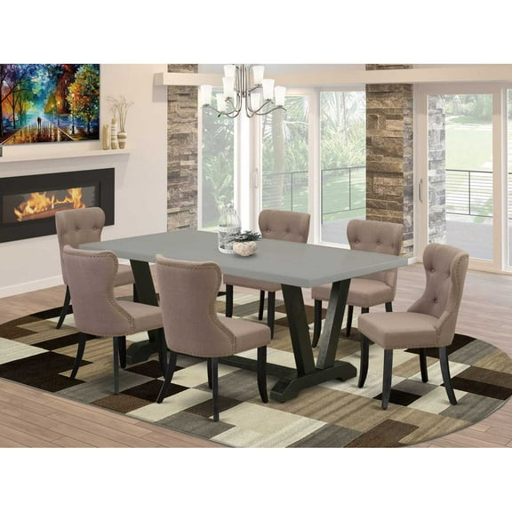 East West Furniture V697SI648-7 7-Pc Dining Room Table Set- 6 Kitchen Parson Chairs with Coffee Linen Fabric Seat and Button Tufted Chair Back - Rectangular Table Top & Wooden Legs - Cement and...