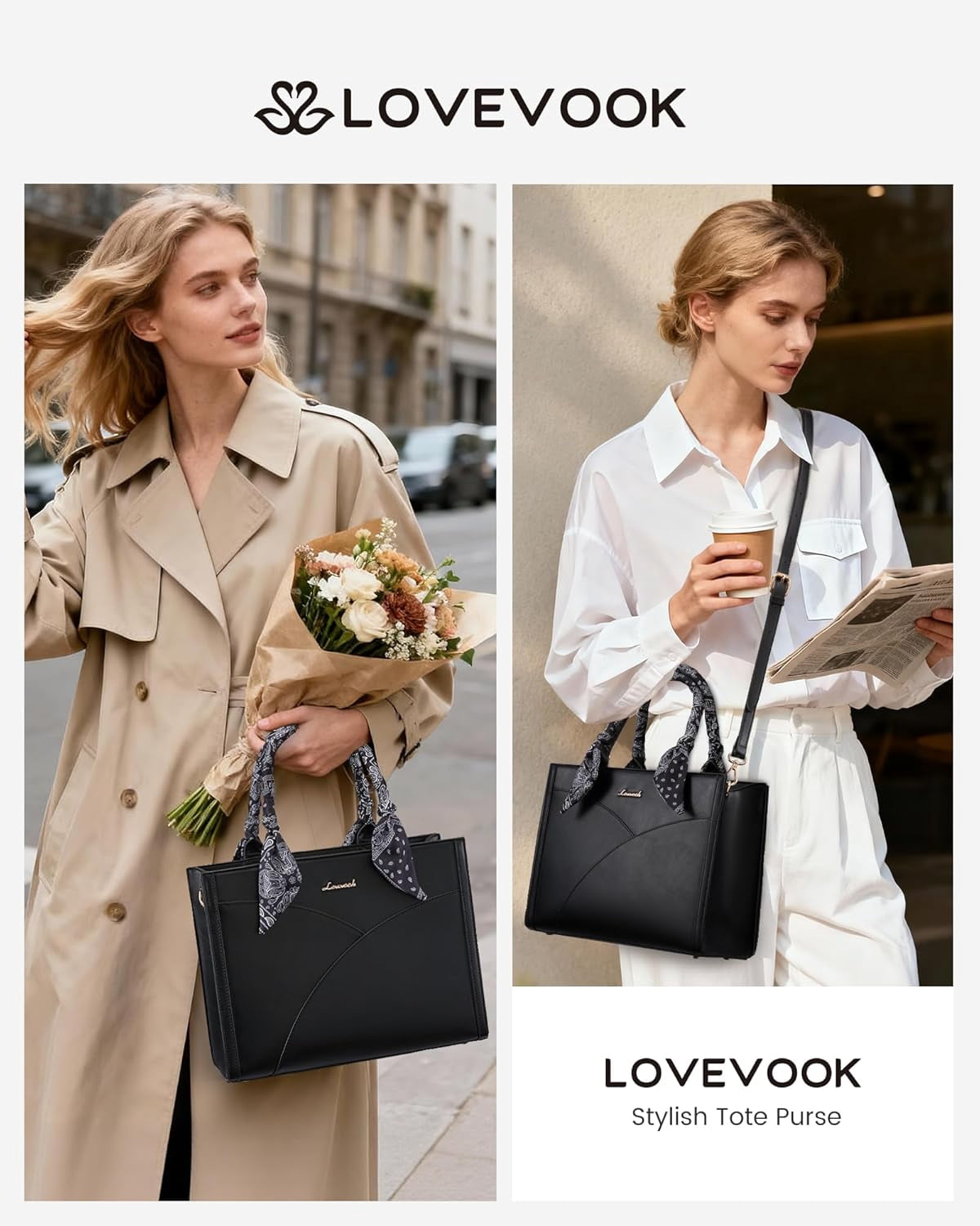 LOVEVOOK Medium Purses and Handbags for Women, Satchel Top Handle Bag with Strap, PU Leather Tote Shoulder Purse with Scarf
